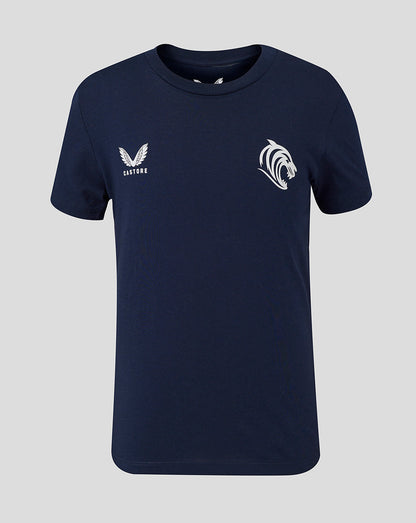 Navy Leicester Tigers junior travel cotton T shirt with white tiger crest on the chest and Castore branding