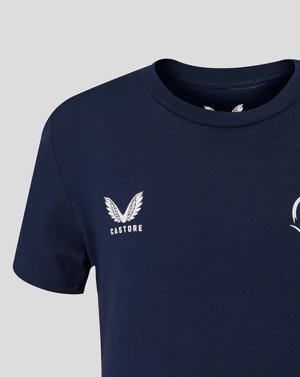 Close up of navy Leicester Tigers junior T shirt showing Castore logo on the chest and partial tiger crest