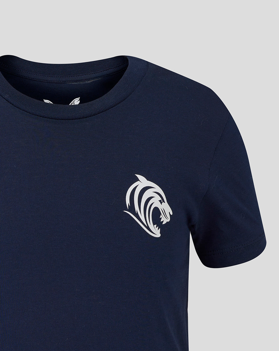 Close up of navy Leicester Tigers junior T shirt with white tiger crest on the chest