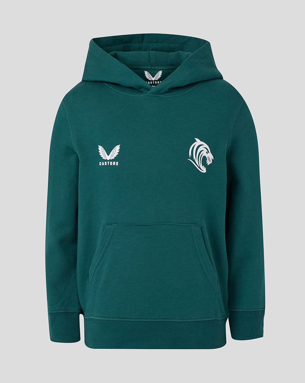 Dark green junior travel hoodie with front pocket and Castore logo on the left chest and tiger emblem on the chest.