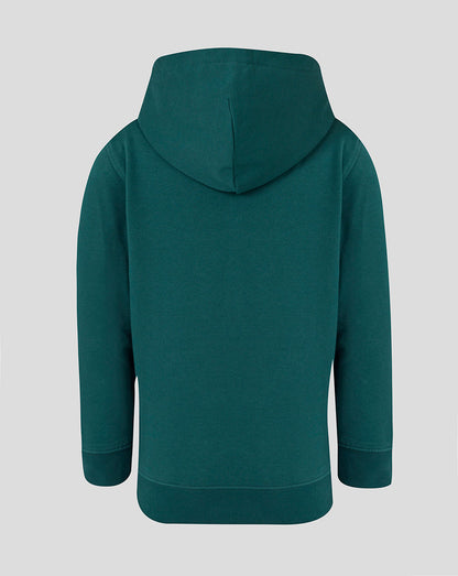 Back view of dark green Leicester Tigers travel hoodie showing attached hood and simple hem.