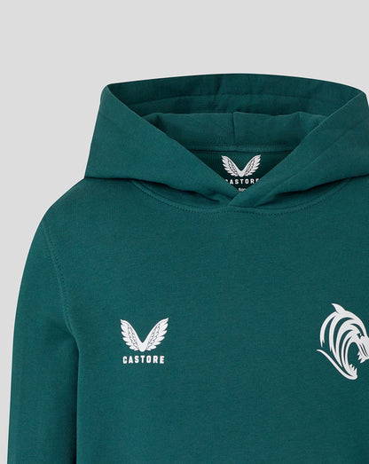 Hooded dark green junior travel hoodie with Castore wing logo on the left chest and tiger head crest on the right.
