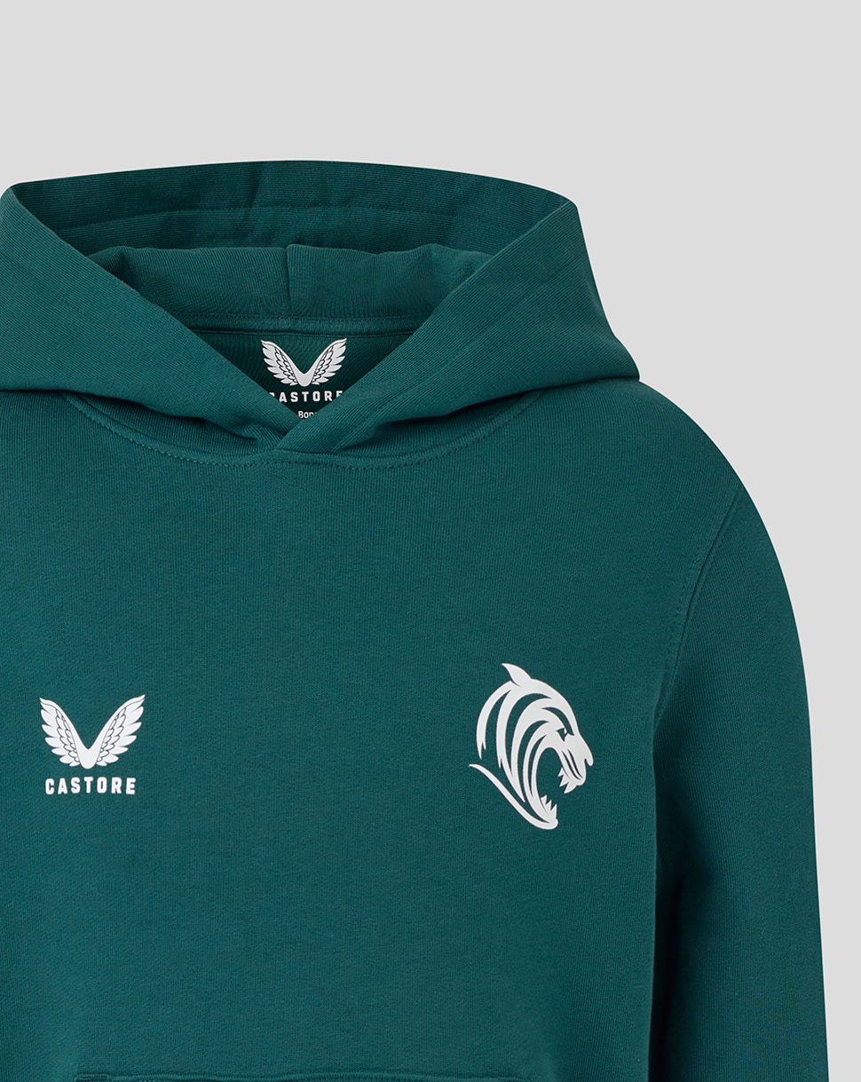 Dark green junior travel hoodie with white Castore wing logo on the left chest and tiger head crest on the right.