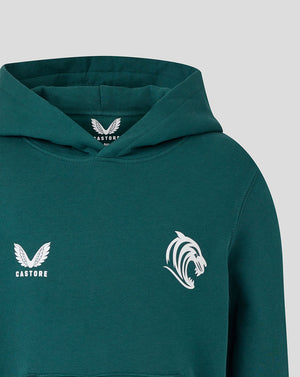 Dark green junior travel hoodie with white Castore wing logo on the left chest and tiger head crest on the right.