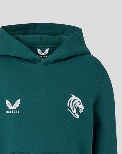 Dark green junior travel hoodie with white Castore wing logo on the left chest and tiger head crest on the right.