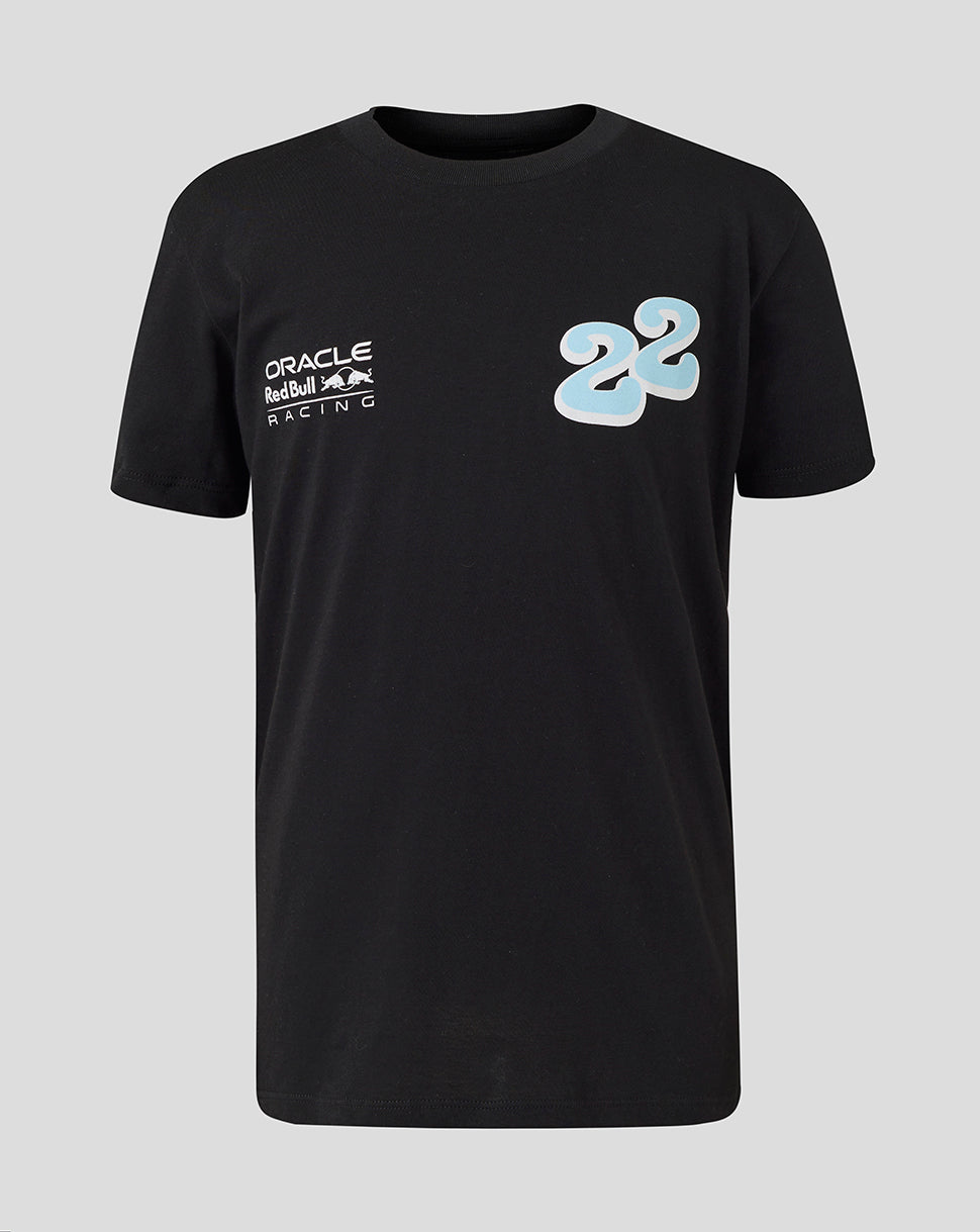 Black T shirt with a bold blue 22 wave graphic on the chest and Oracle Red Bull Racing branding