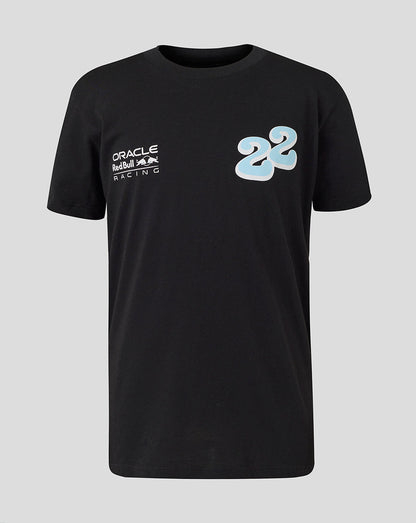 Black T shirt with a bold blue 22 wave graphic on the chest and Oracle Red Bull Racing branding