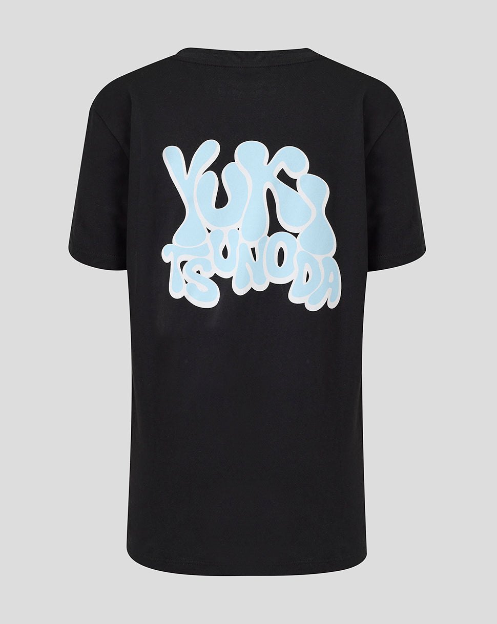 Back view of a black Oracle Red Bull Racing Yuki Tsunoda Wave Graphic T shirt with a large pale blue graffiti text across the back