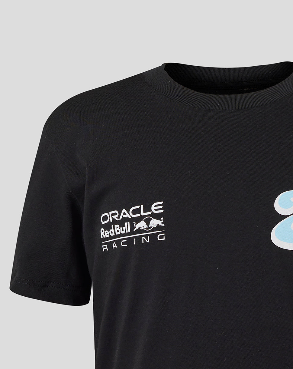 Black T-shirt featuring Oracle Red Bull Racing logo on the chest with the light blue 22 wave graphic.