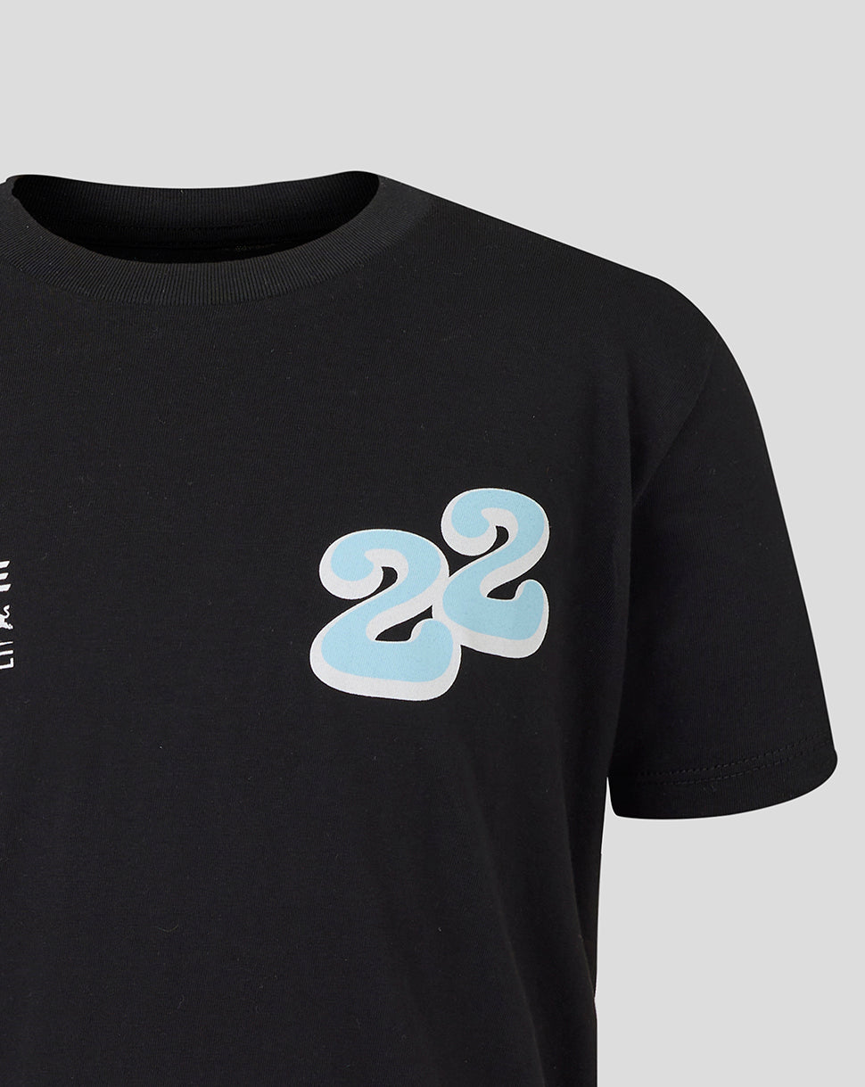 Black Oracle Red Bull Racing Yuki Tsunoda Wave graphic T-shirt with a light blue 22 wave on the chest.
