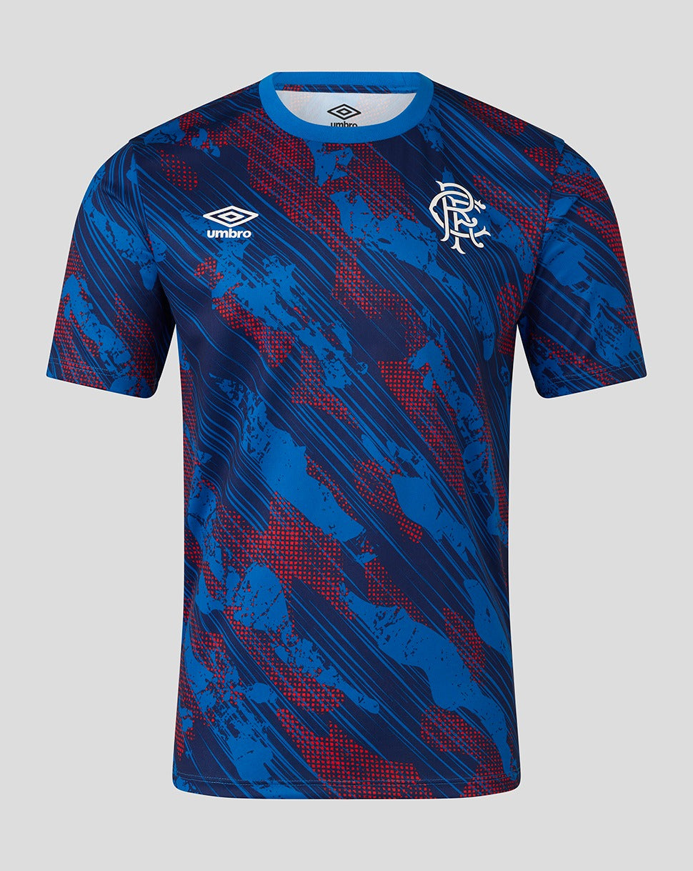 Rangers Junior Armed Forces Day range shirt with blue and red abstract print, Umbro logo and Rangers crest on the chest