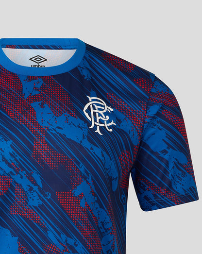 Detail of the Rangers crest on the Armed Forces Day jersey with bold blue and red pattern