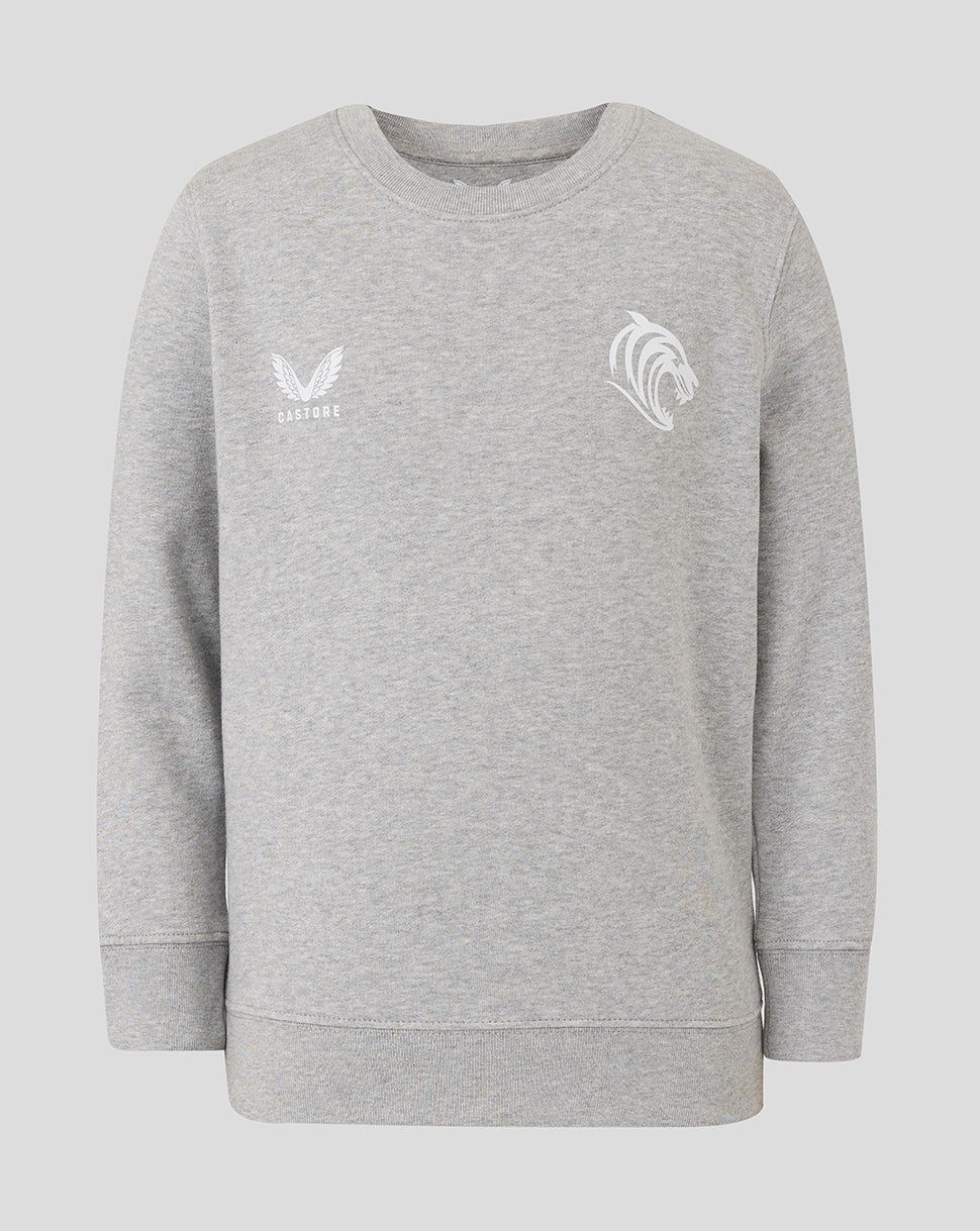 Front view of junior grey Leicester Tigers travel crewneck sweatshirt with Castore logo on left chest and horse head emblem on right