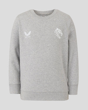 Front view of junior grey Leicester Tigers travel crewneck sweatshirt with Castore logo on left chest and horse head emblem on right