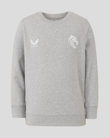 Front view of junior grey Leicester Tigers travel crewneck sweatshirt with Castore logo on left chest and horse head emblem on right