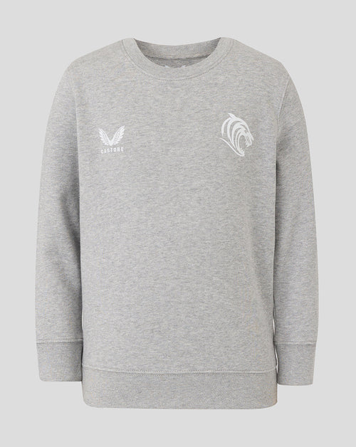 Front view of junior grey Leicester Tigers travel crewneck sweatshirt with Castore logo on left chest and horse head emblem on right