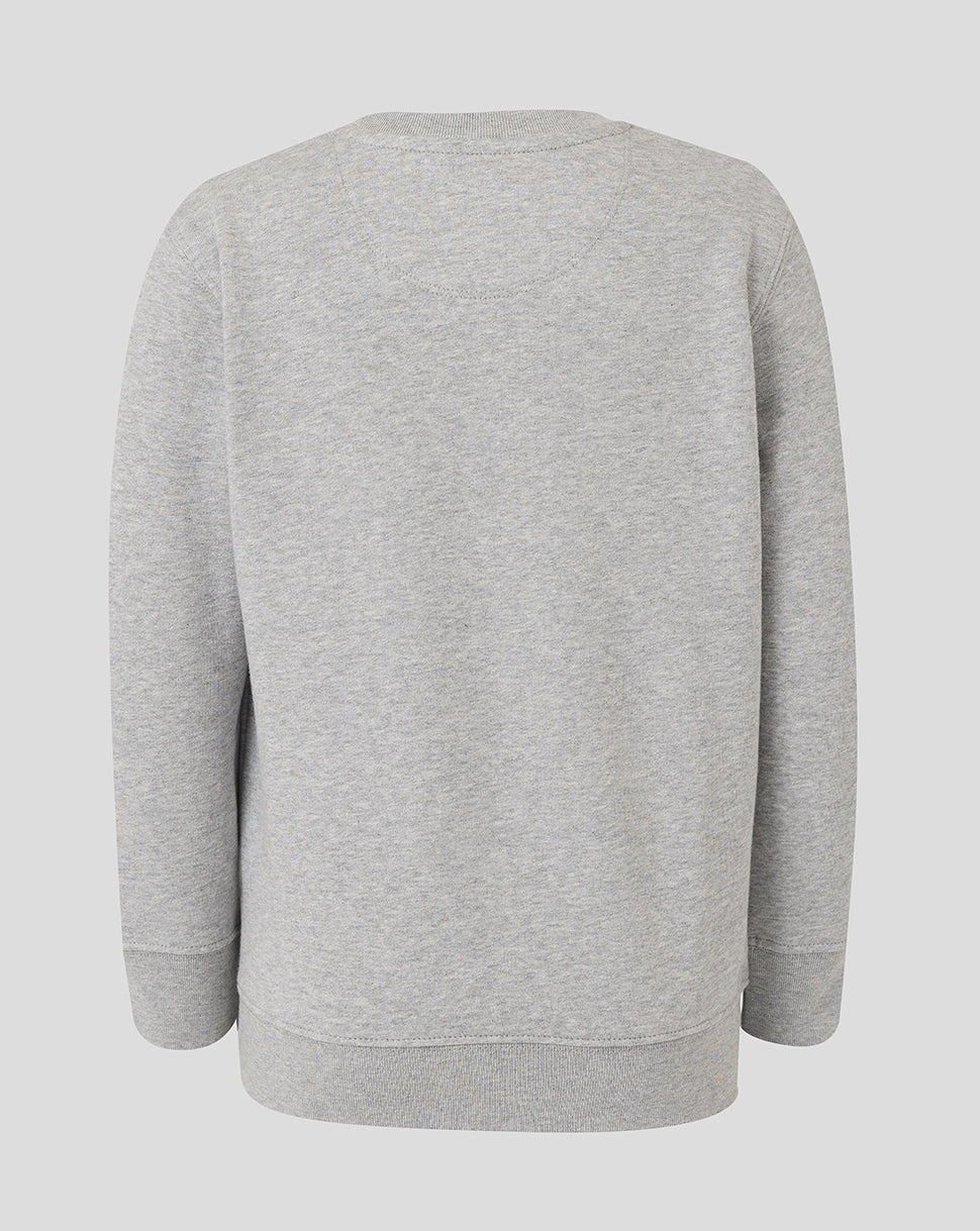 Back view of grey Leicester Tigers junior travel crewneck sweatshirt