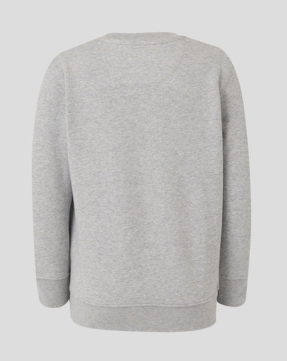 Back view of grey Leicester Tigers junior travel crewneck sweatshirt