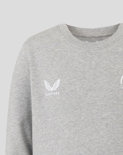 Grey crewneck sweatshirt close up showing Castore logo with wings on the left chest