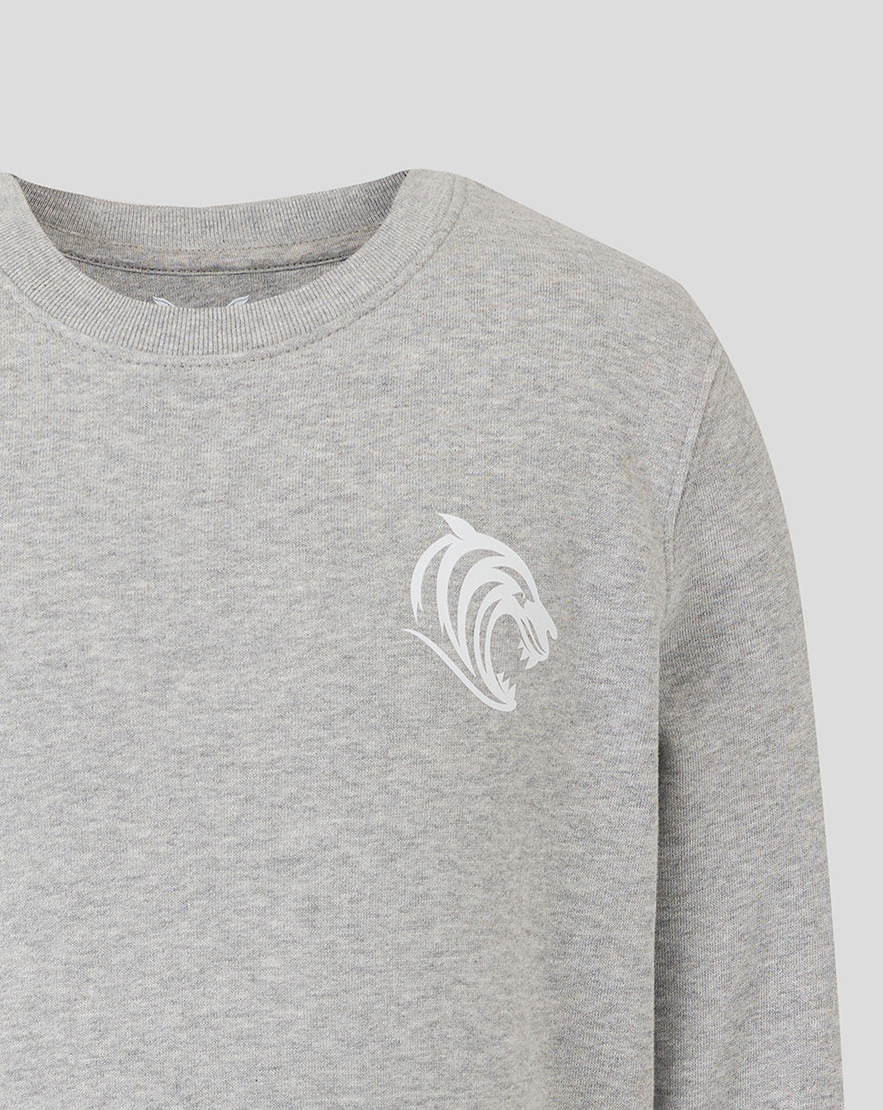 Grey Leicester Tigers travel crewneck sweatshirt with white tiger crest on the chest