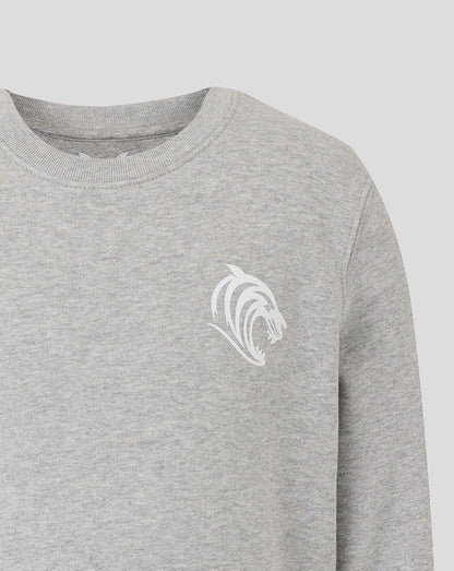 Grey Leicester Tigers travel crewneck sweatshirt with white tiger crest on the chest