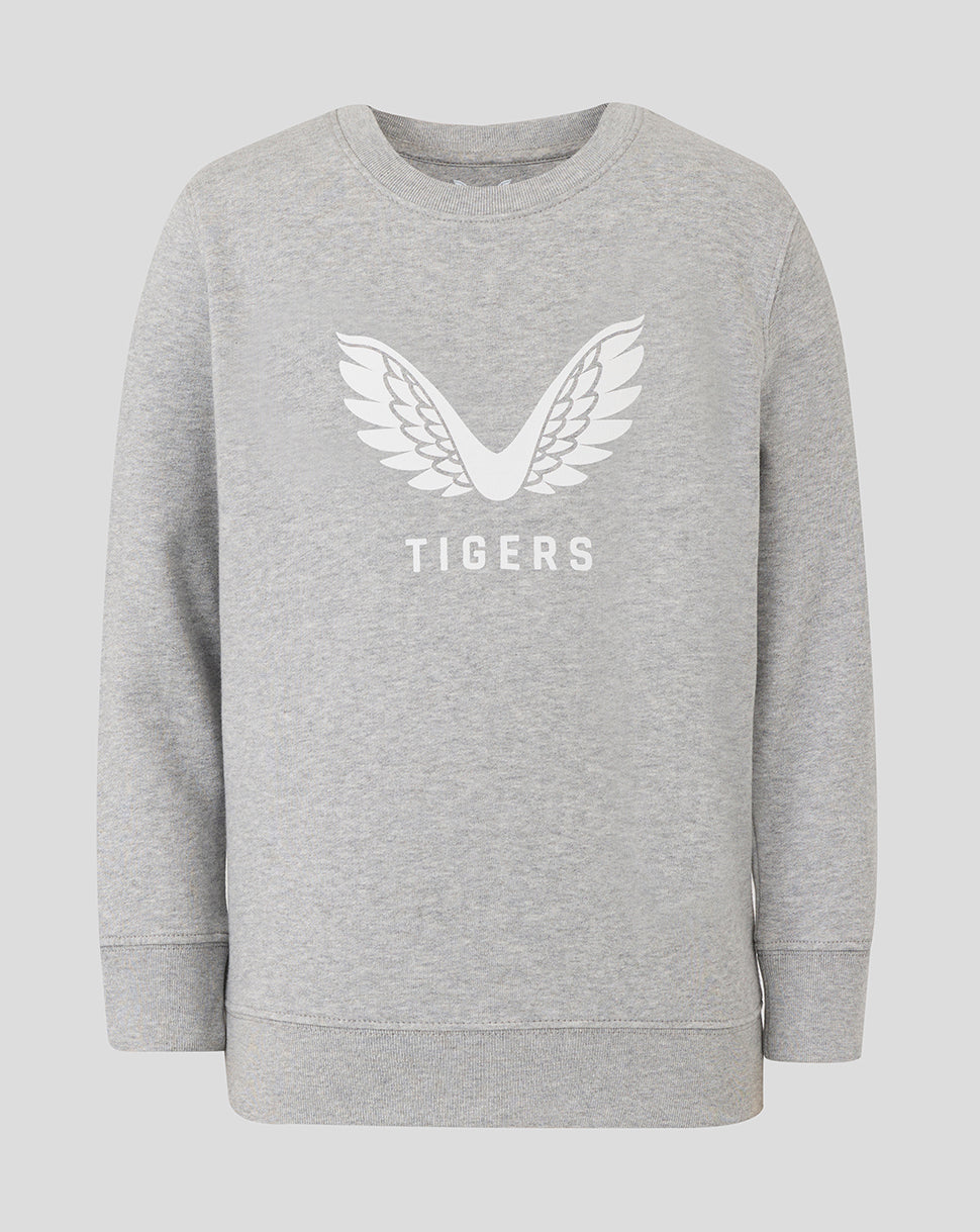 Grey junior travel crewneck sweatshirt with white wing logo and TIGERS lettering