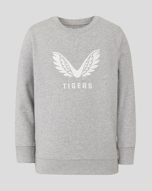 Grey junior travel crewneck sweatshirt with white wing logo and TIGERS lettering