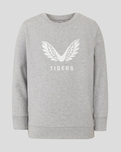 Grey junior travel crewneck sweatshirt with white wing logo and TIGERS lettering