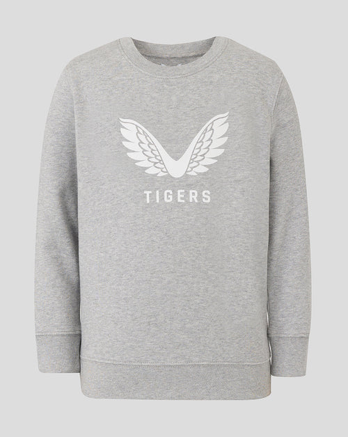 Grey junior travel crewneck sweatshirt with white wing logo and TIGERS lettering