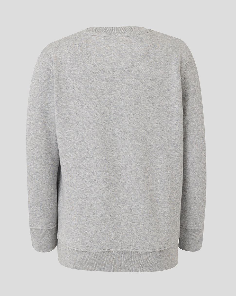 Grey Leicester Tigers junior travel crewneck sweatshirt back view with ribbed hem