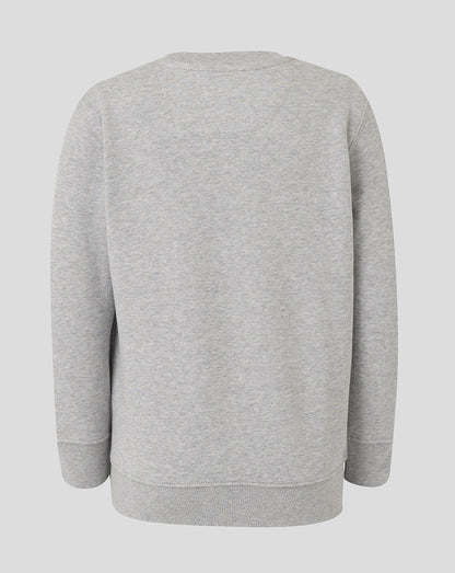Grey Leicester Tigers junior travel crewneck sweatshirt back view with ribbed hem
