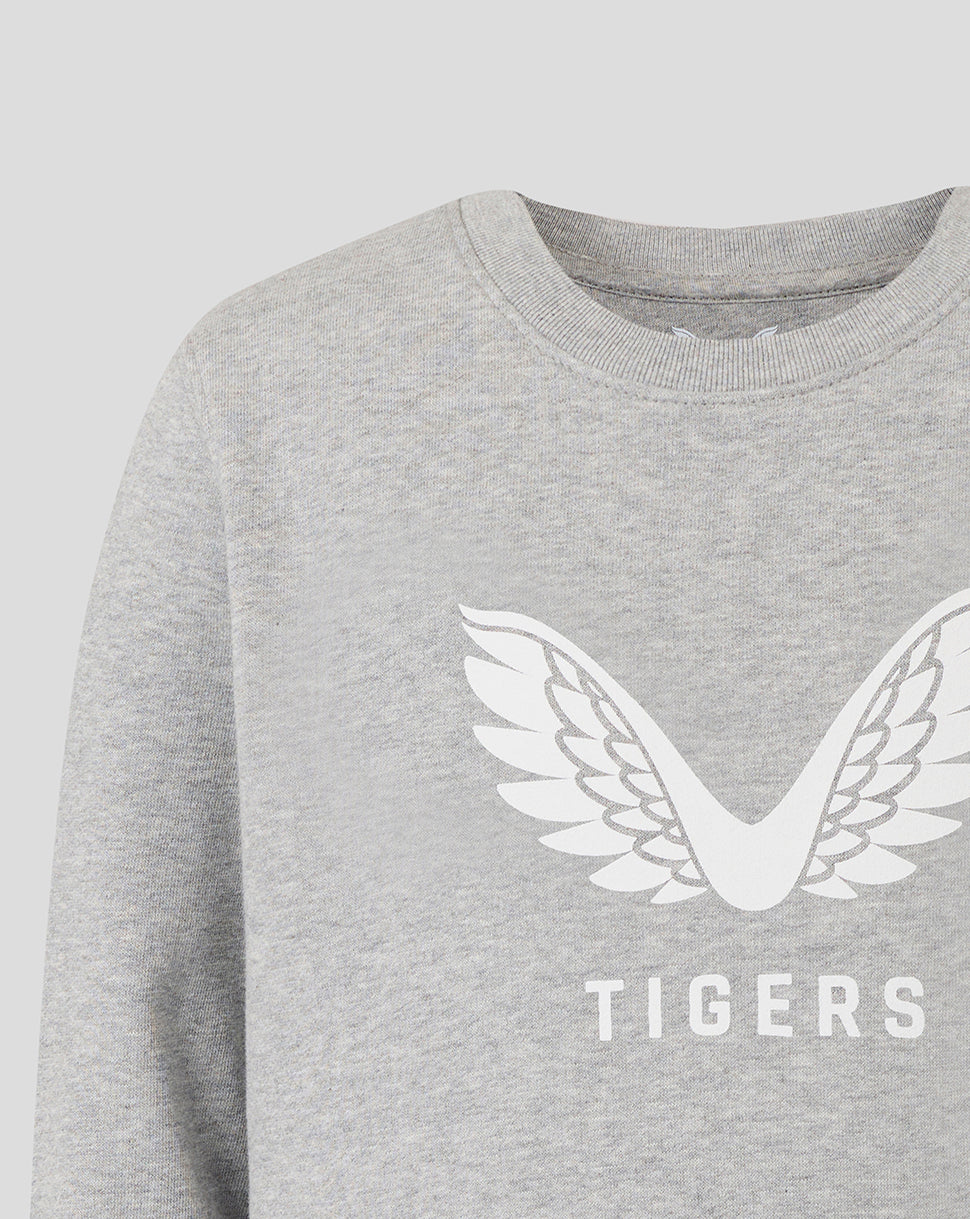 Grey Leicester Tigers junior travel sweatshirt front with white wing emblem and TIGERS text