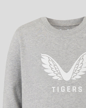Grey Leicester Tigers junior travel sweatshirt front with white wing emblem and TIGERS text