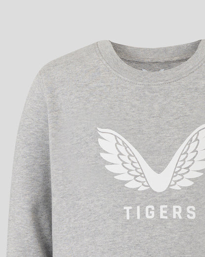 Grey Leicester Tigers junior travel sweatshirt front with white wing emblem and TIGERS text
