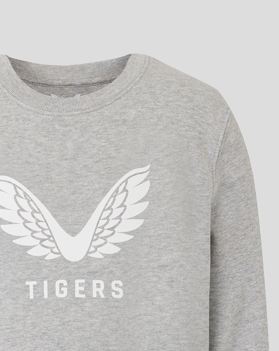 Grey Leicester Tigers junior travel sweatshirt close up of white wing logo on chest