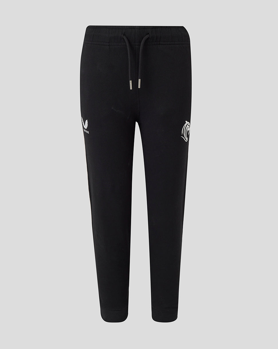 Front view of black Leicester Tigers Junior travel essential joggers with drawstring waist and white crest