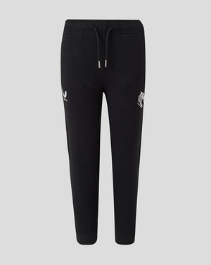 Front view of black Leicester Tigers Junior travel essential joggers with drawstring waist and white crest