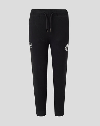 Front view of black Leicester Tigers Junior travel essential joggers with drawstring waist and white crest