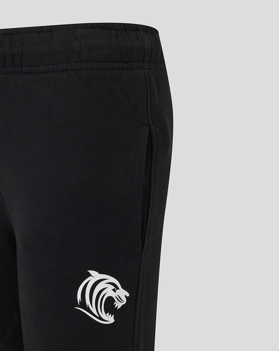 Close-up of black jogger showing waistband and white Leicester Tigers crest on thigh