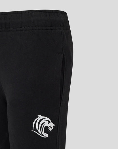 Close-up of black jogger showing waistband and white Leicester Tigers crest on thigh