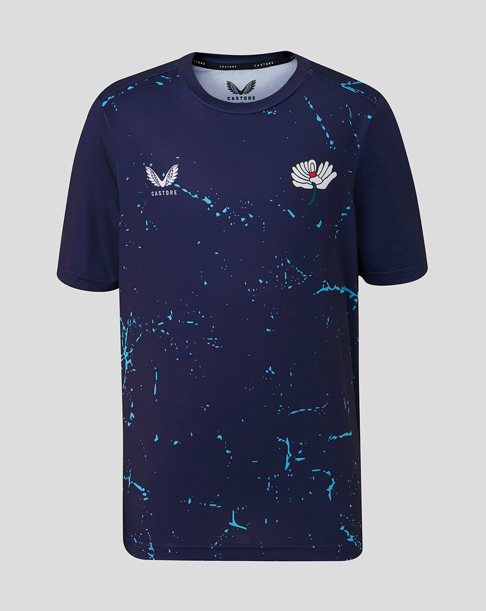Navy blue t-shirt with abstract pattern and logos on a light gray background