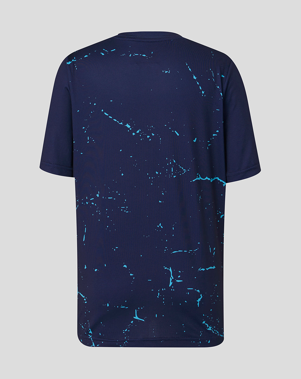Navy blue t-shirt with abstract pattern on a gray background