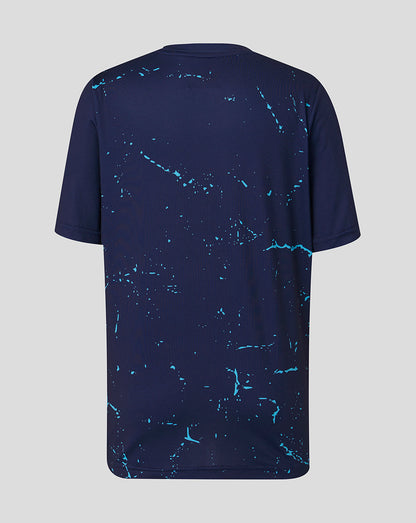 Navy blue t-shirt with abstract pattern on a gray background