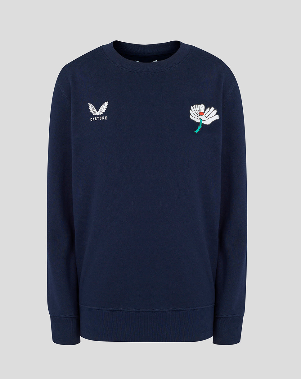 Navy blue sweatshirt with embroidered designs on a light gray background