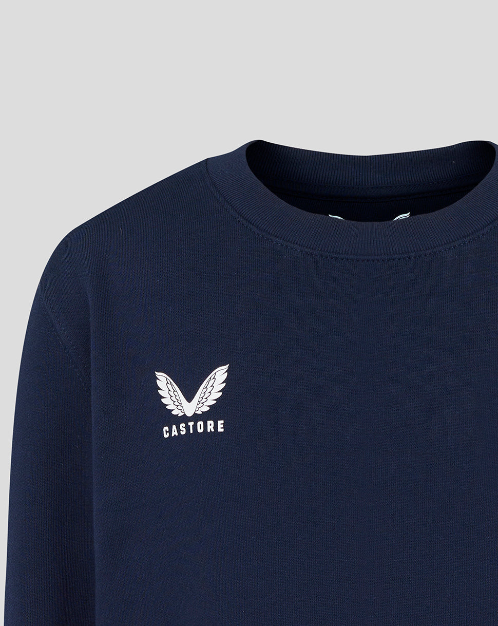 Navy blue sweatshirt with white logo and text on a light gray background