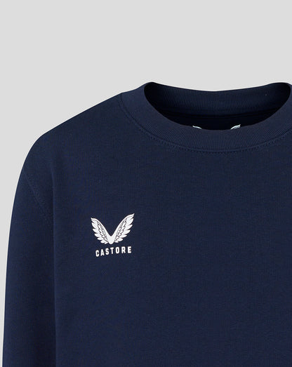 Navy blue sweatshirt with white logo and text on a light gray background