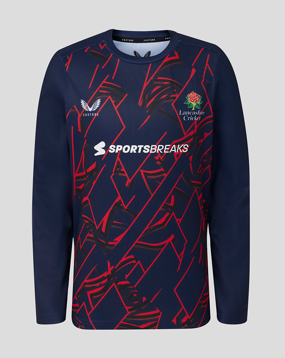 Navy long-sleeve shirt with red patterns and sportsbreaks branding on a gray background