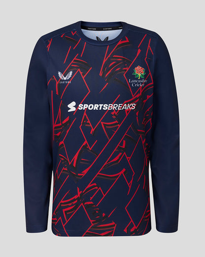 Navy long-sleeve shirt with red patterns and sportsbreaks branding on a gray background