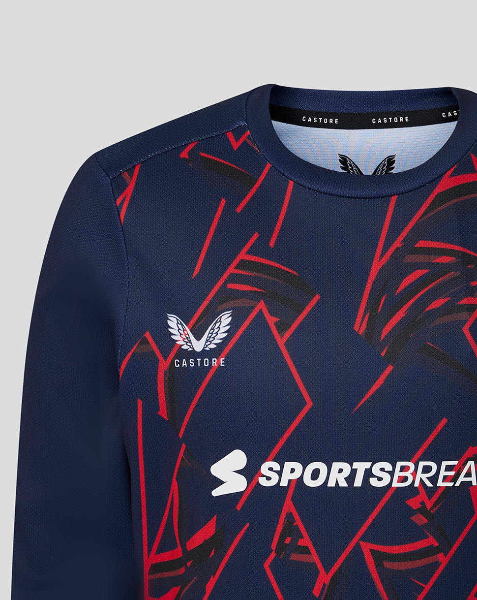 Navy blue sports sweatshirt with red and white patterns and visible branding on a light gray background
