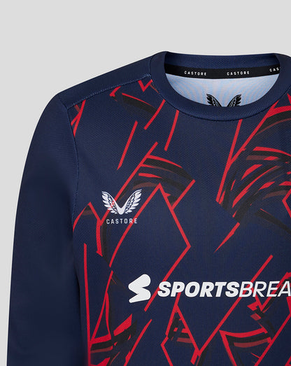 Navy blue sports sweatshirt with red and white patterns and visible branding on a light gray background